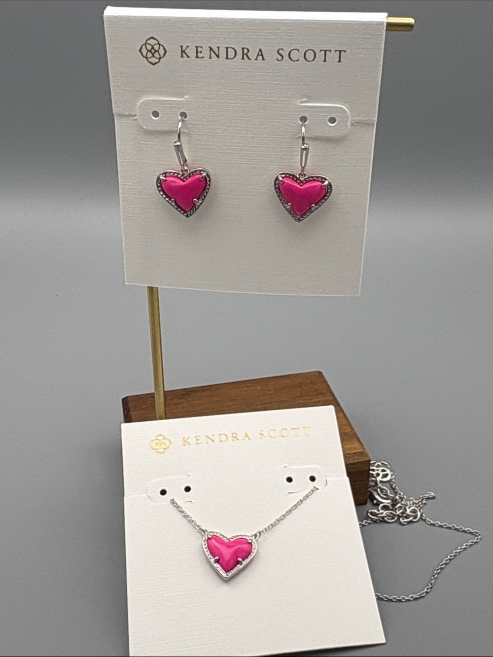 Kendra Scott Hot Pink Heart Dangle Earrings and Matching Necklace Silver Tone